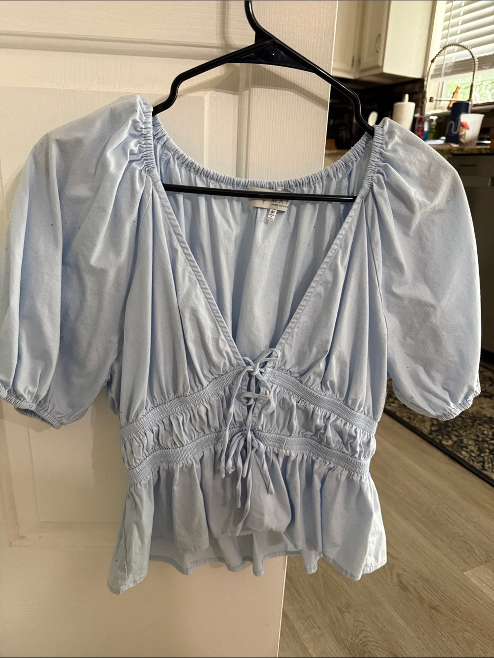 Wayf Light Blue Tie-Front Peasant Top